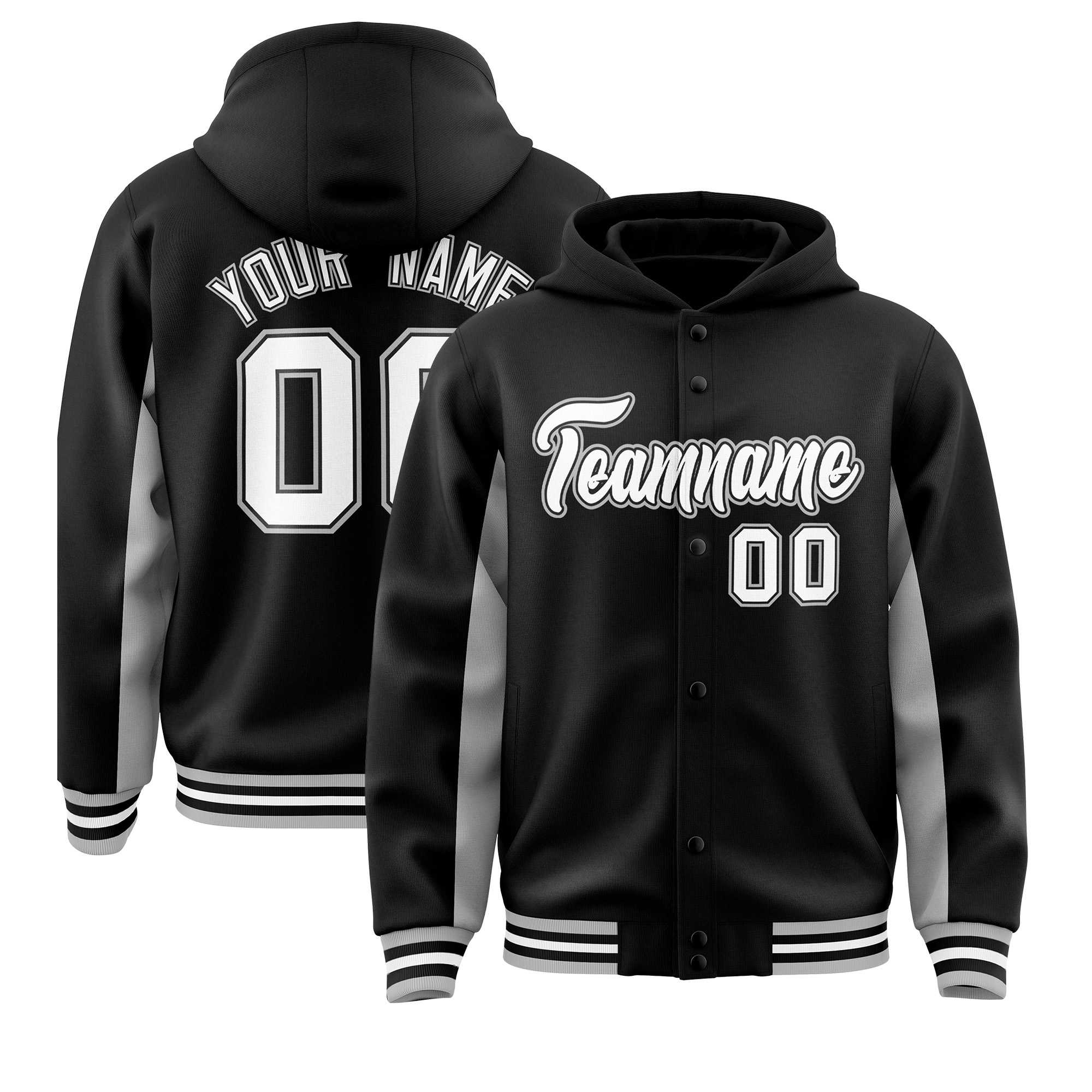 Custom Black Gray Color Block Varsity Full-Snap Letterman Hoodie Jacket