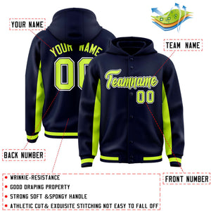 Custom Navy Neon Green Color Block Varsity Full-Snap Letterman Hoodie Jacket