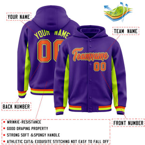 Custom Purple Neon Green Color Block Varsity Full-Snap Letterman Hoodie Jacket