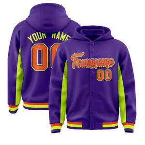 Custom Purple Neon Green Color Block Varsity Full-Snap Letterman Hoodie Jacket