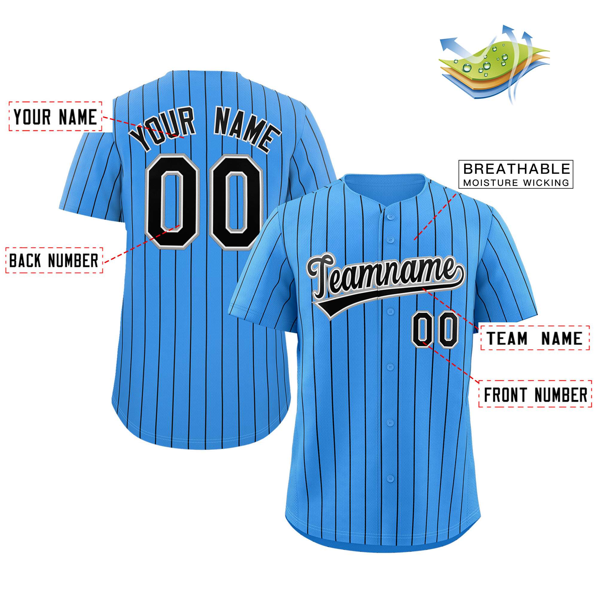 feature of blue pin stripe baseball jersey