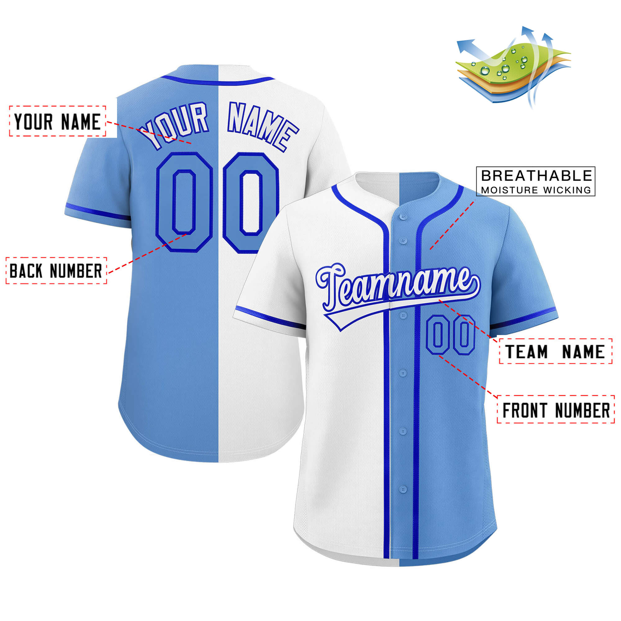 Maillot de Baseball authentique, personnalisé, blanc, bleu clair, Royal, mode fendue