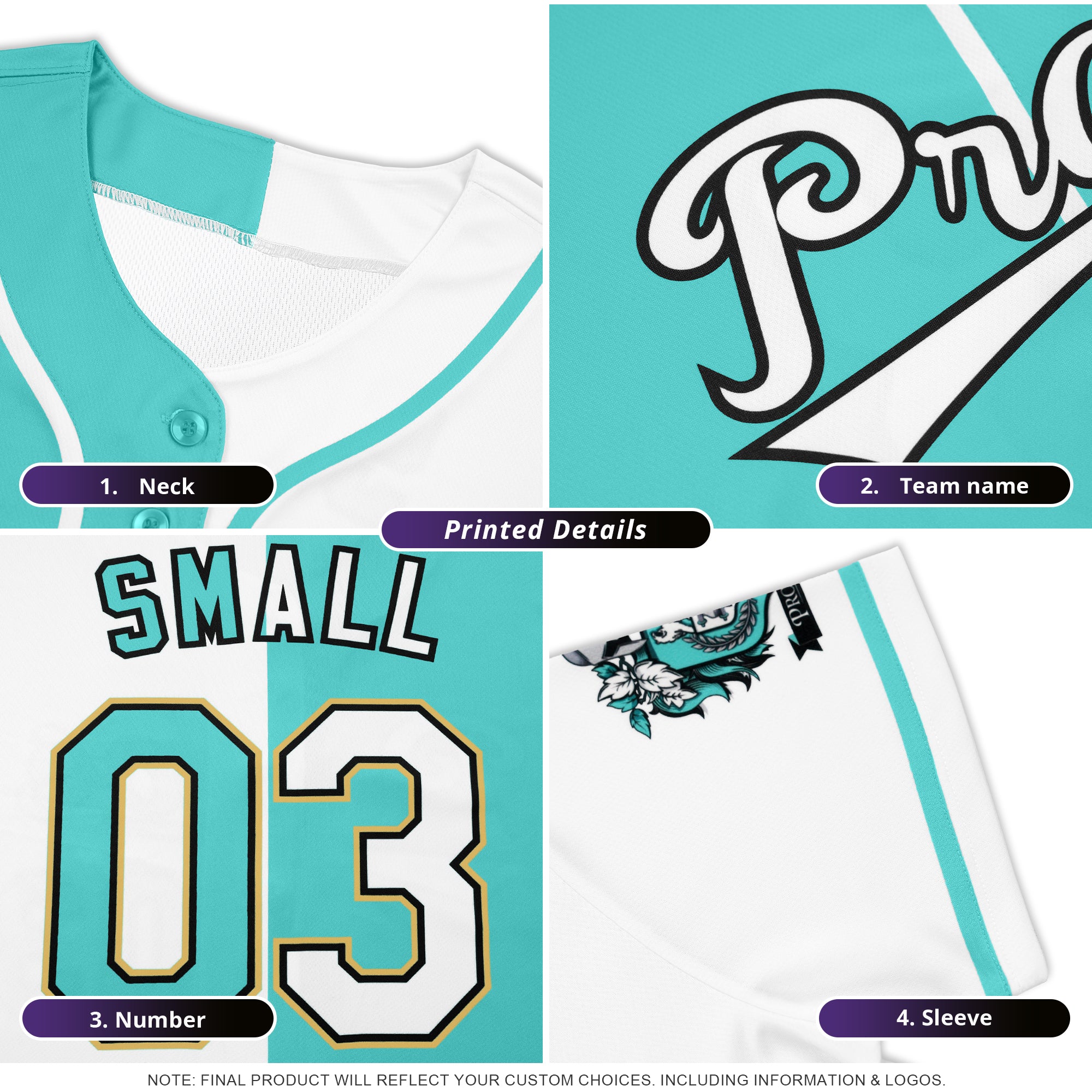 Maillot de baseball authentique, personnalisé, blanc, Aqua-noir, fendu, Design de mode