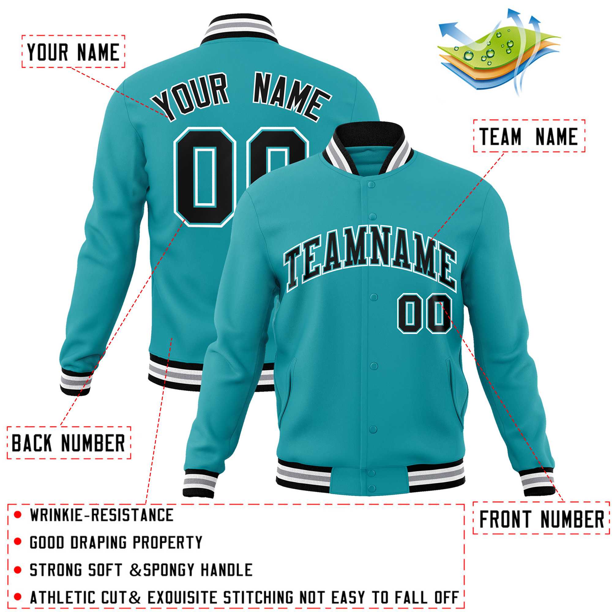 Custom Aqua Black-White Classic Style Varsity Full-Snap Letterman Jacket