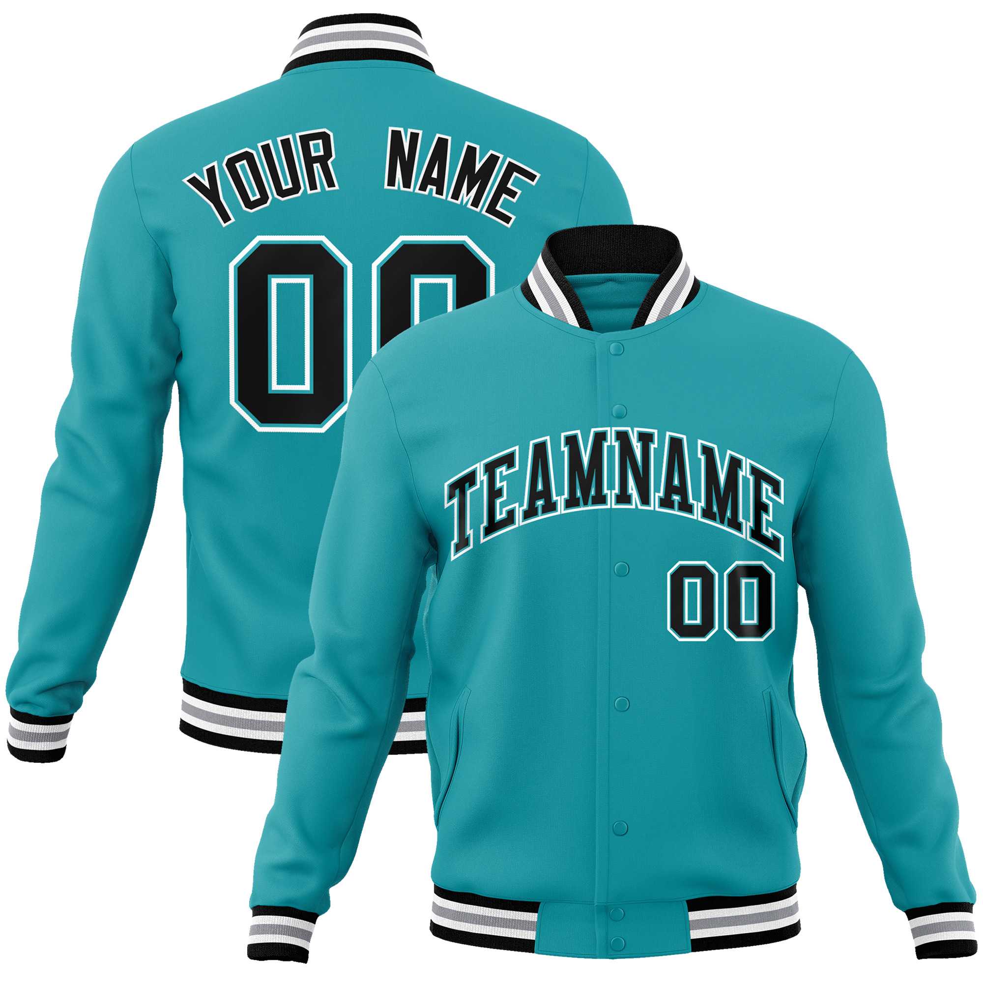 Custom Aqua Black-White Classic Style Varsity Full-Snap Letterman Jacket