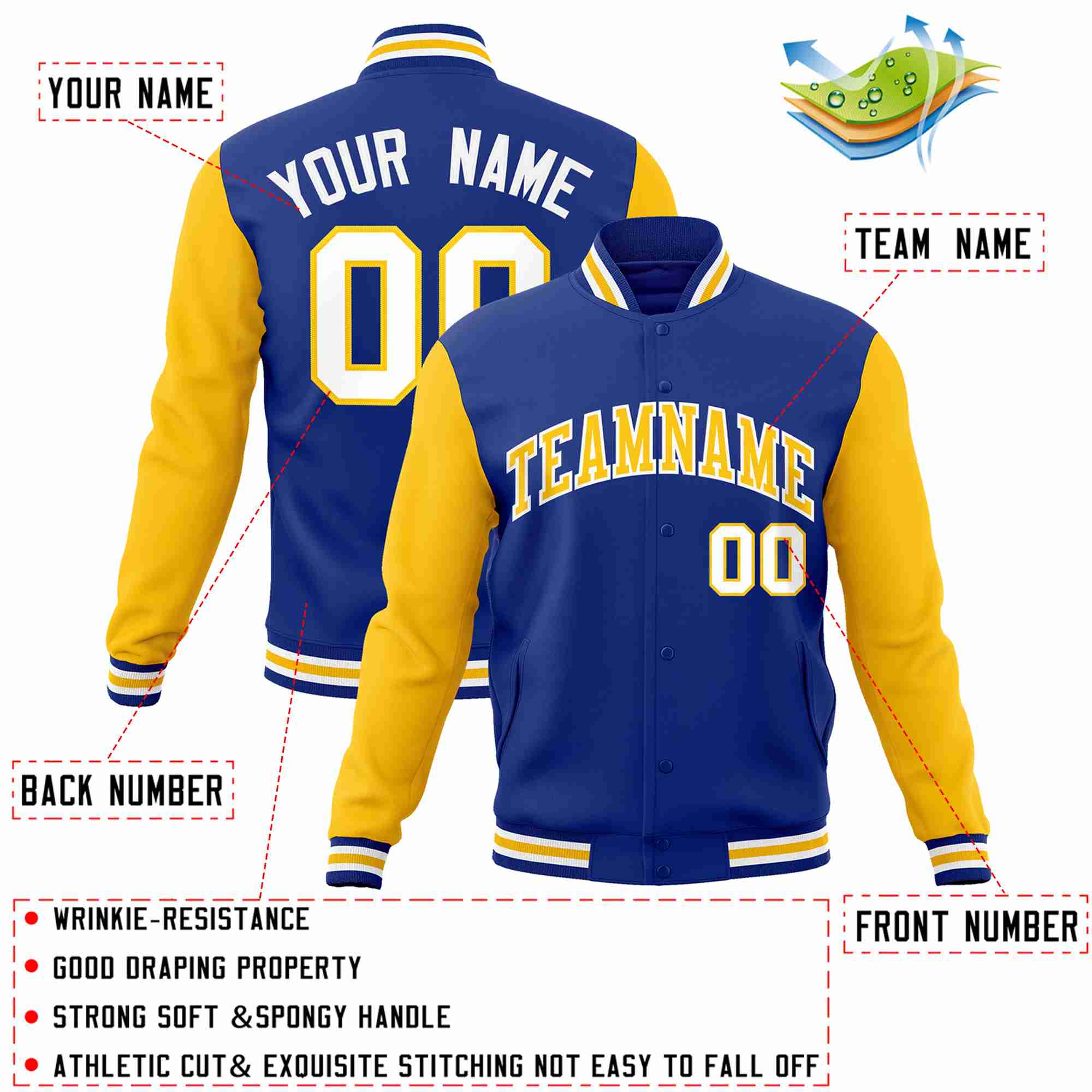 Custom Royal Gold-White Raglan Sleeves Varsity Full-Snap Letterman Jacket