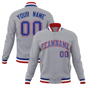 Custom Gray Royal-Red Classic Style Varsity Full-Snap Letterman Jacket