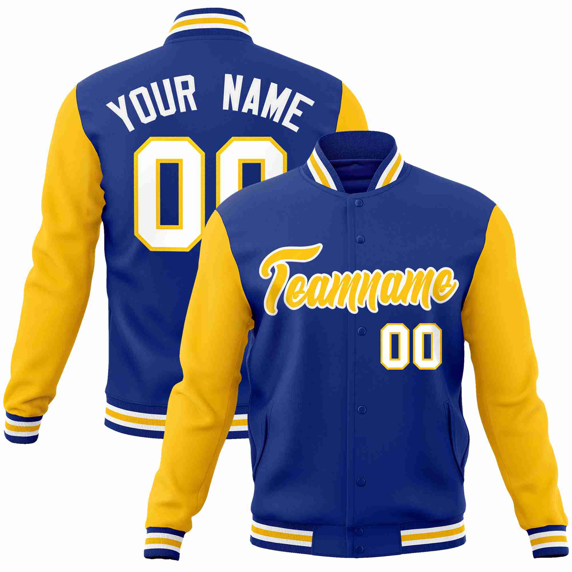 Custom Royal Gold-White Raglan Sleeves Varsity Full-Snap Letterman Jacket