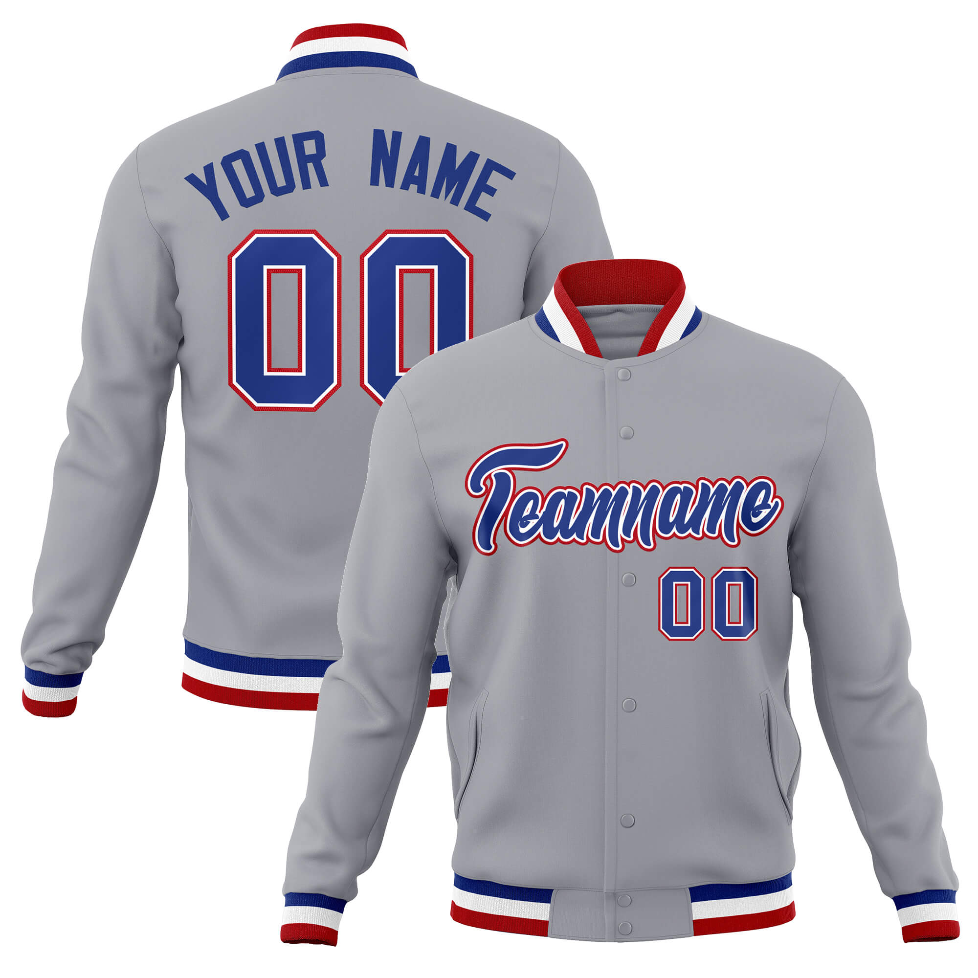 Custom Gray Royal-Red Classic Style Varsity Full-Snap Letterman Jacket