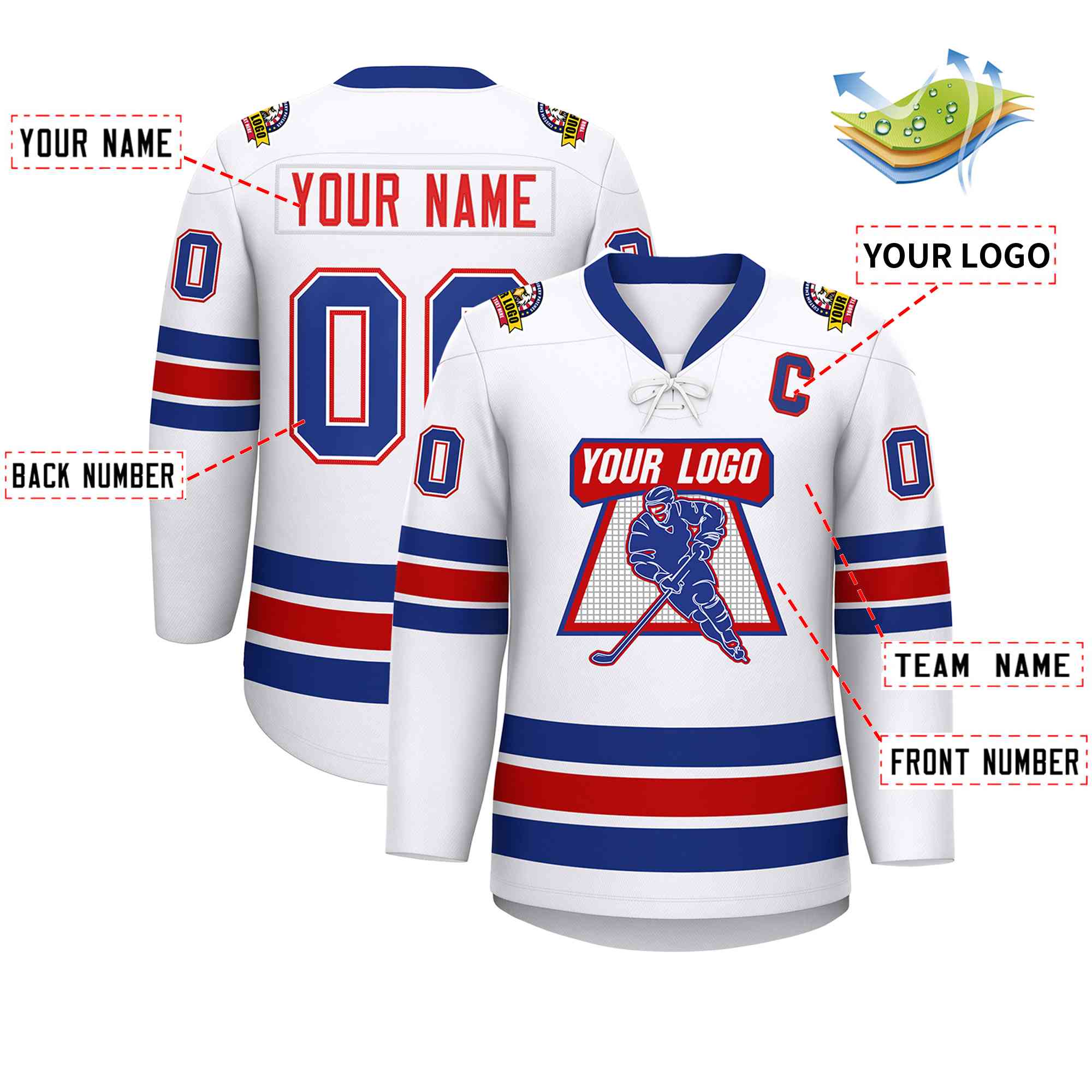 Custom White Royal-Red Lace-Up Neck Hockey Jersey