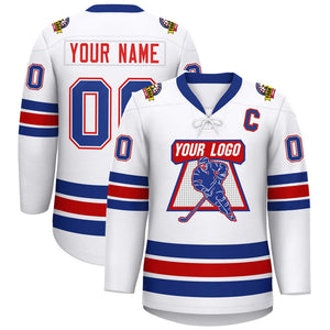 Custom White Royal-Red Lace-Up Neck Hockey Jersey