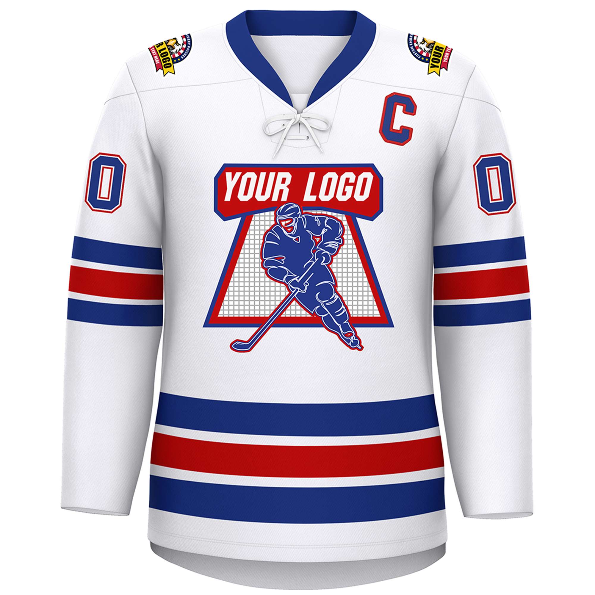 Custom White Royal-Red Lace-Up Neck Hockey Jersey