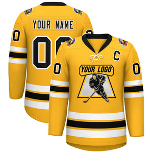 Custom Gold Black-White Lace-Up Neck Hockey Jersey