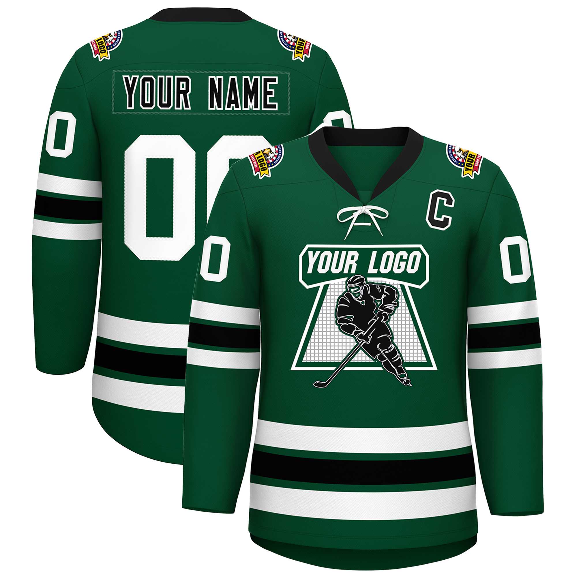 Custom Green Black-White Lace-Up Neck Hockey Jersey