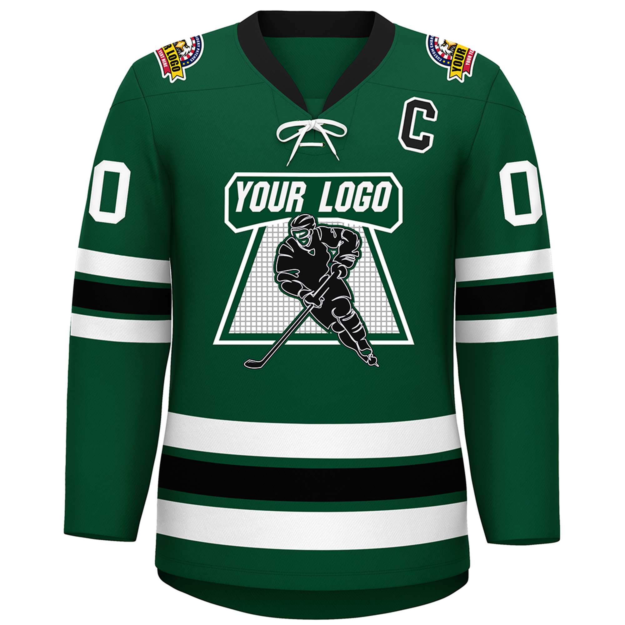 Custom Green Black-White Lace-Up Neck Hockey Jersey