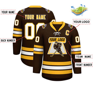 Custom Brown Yellow-White Lace-Up Neck Hockey Jersey