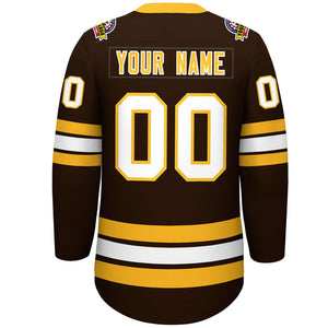 Custom Brown Yellow-White Lace-Up Neck Hockey Jersey