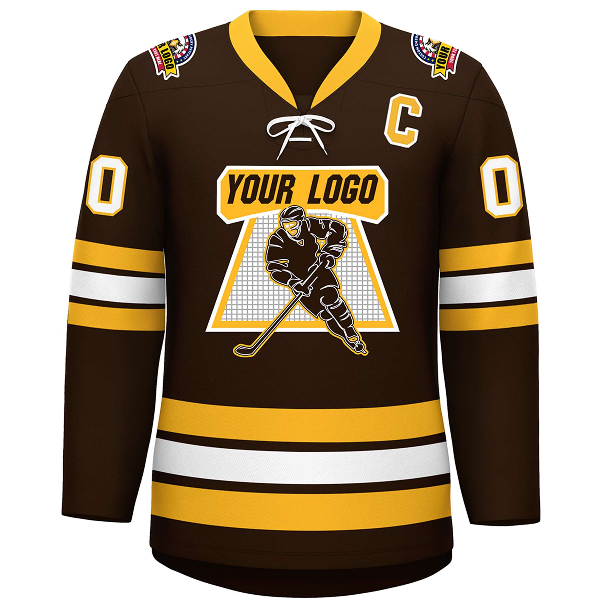 Custom Brown Yellow-White Lace-Up Neck Hockey Jersey