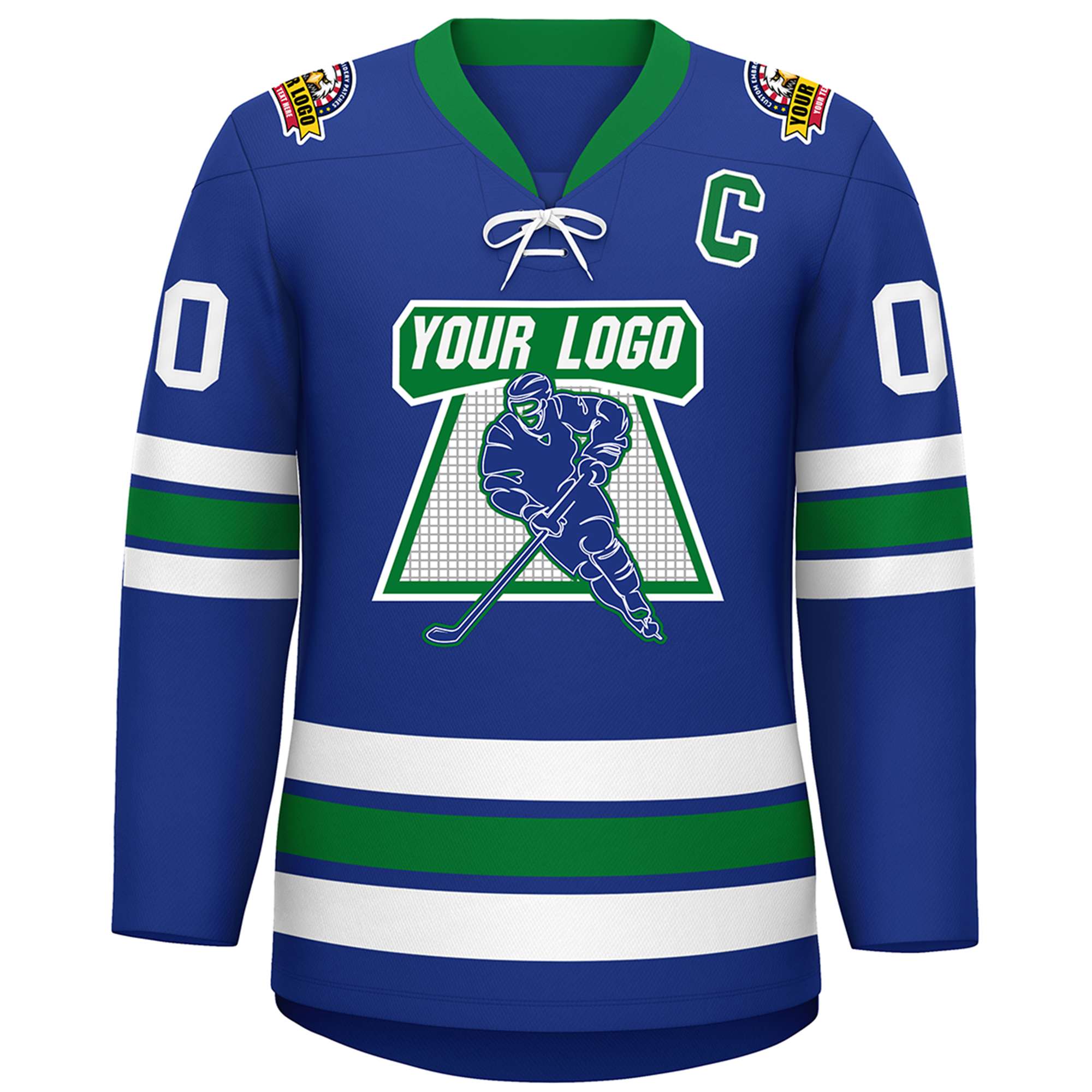 Custom Royal White-Kelly Green Lace-Up Neck Hockey Jersey