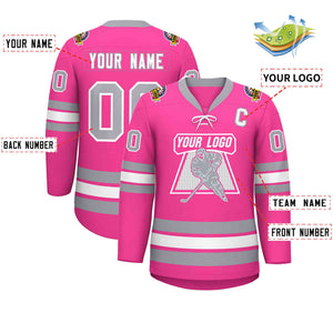 Custom Pink White-Gray Lace-Up Neck Hockey Jersey