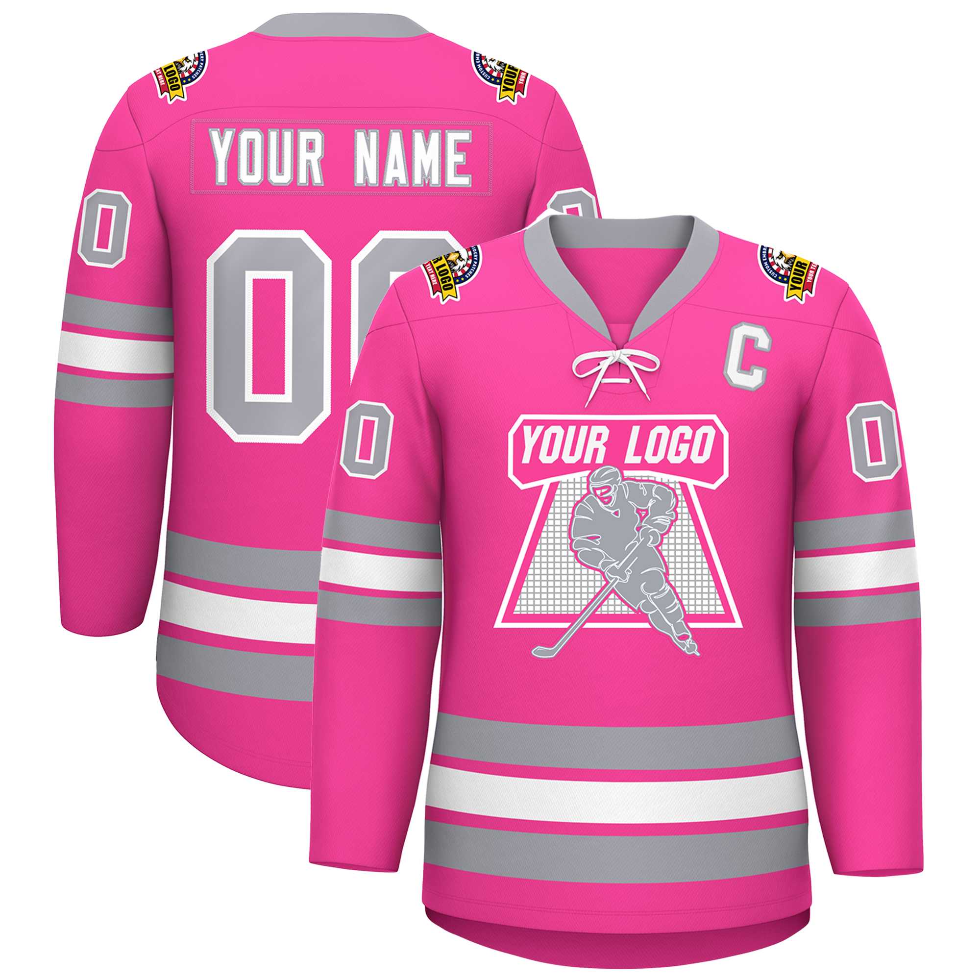 Custom Pink White-Gray Lace-Up Neck Hockey Jersey