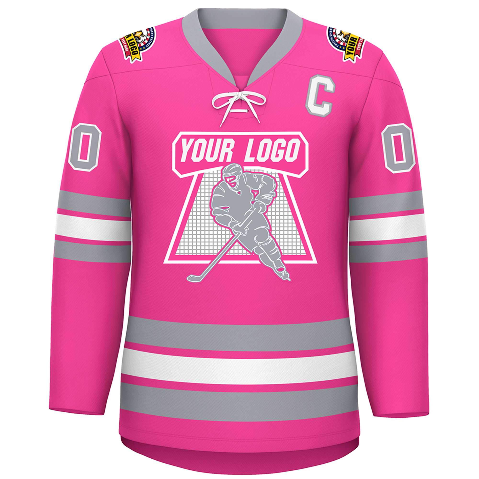 Custom Pink White-Gray Lace-Up Neck Hockey Jersey