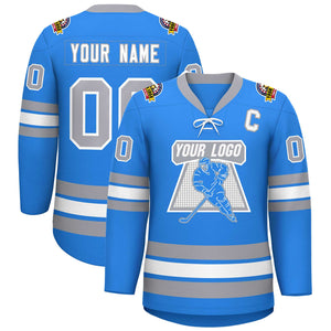 Custom Powder Blue White-Gray Lace-Up Neck Hockey Jersey