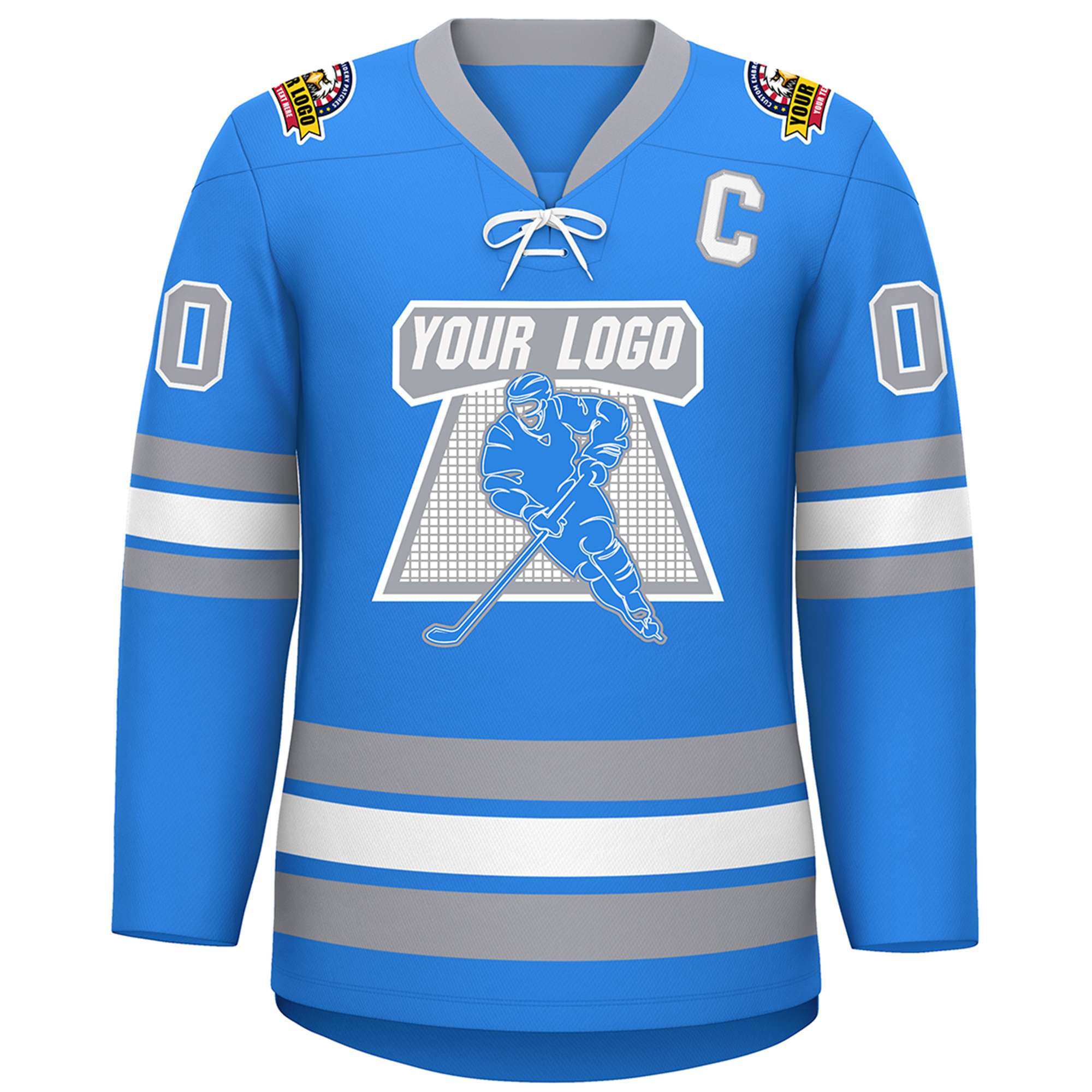 Custom Powder Blue White-Gray Lace-Up Neck Hockey Jersey