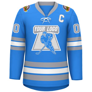 Custom Powder Blue White-Gray Lace-Up Neck Hockey Jersey