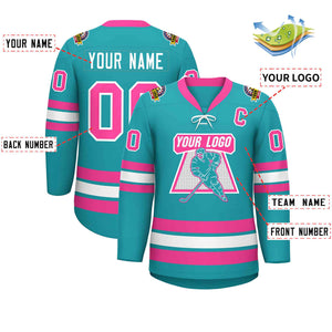 Custom Aqua Pink-White Lace-Up Neck Hockey Jersey