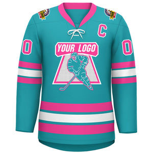 Custom Aqua Pink-White Lace-Up Neck Hockey Jersey