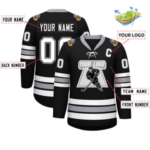 Custom Black White-Gray Lace-Up Neck Hockey Jersey