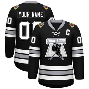 Custom Black White-Gray Lace-Up Neck Hockey Jersey