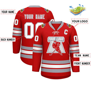 Custom Red White-Gray Lace-Up Neck Hockey Jersey