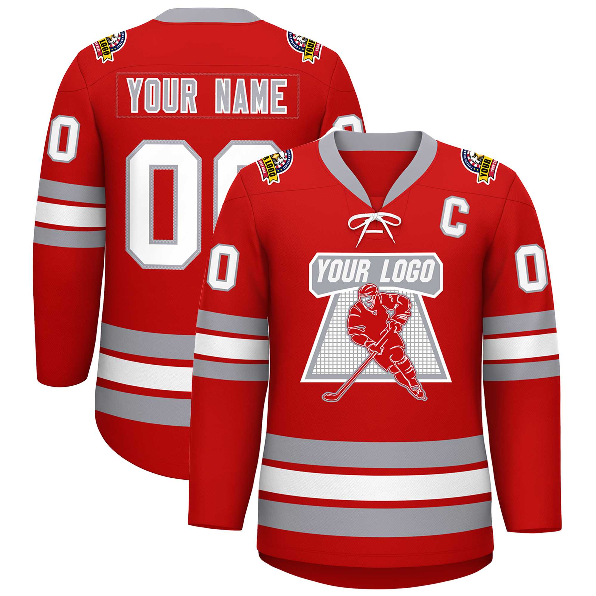 Custom Red White-Gray Lace-Up Neck Hockey Jersey