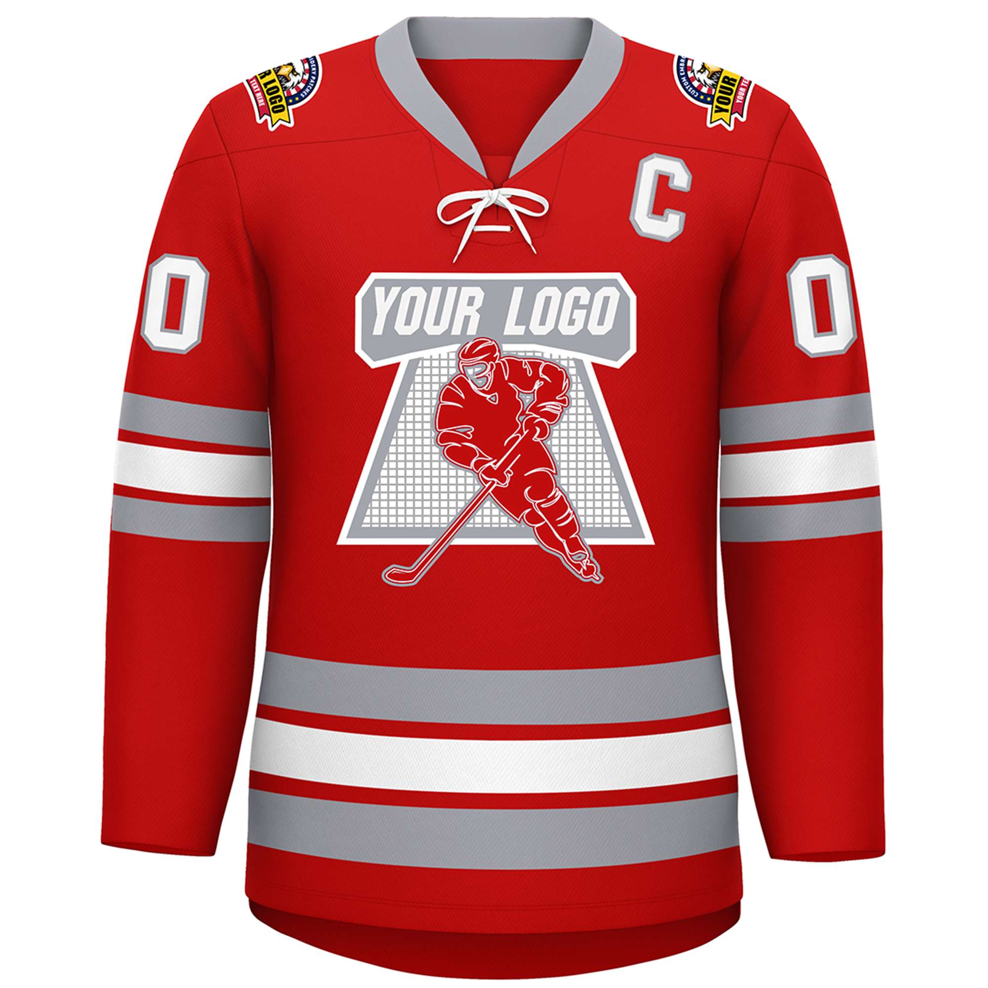 Custom Red White-Gray Lace-Up Neck Hockey Jersey