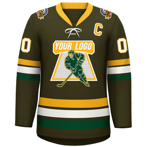 Custom Olive Yellow-White Lace-Up Neck Hockey Jersey