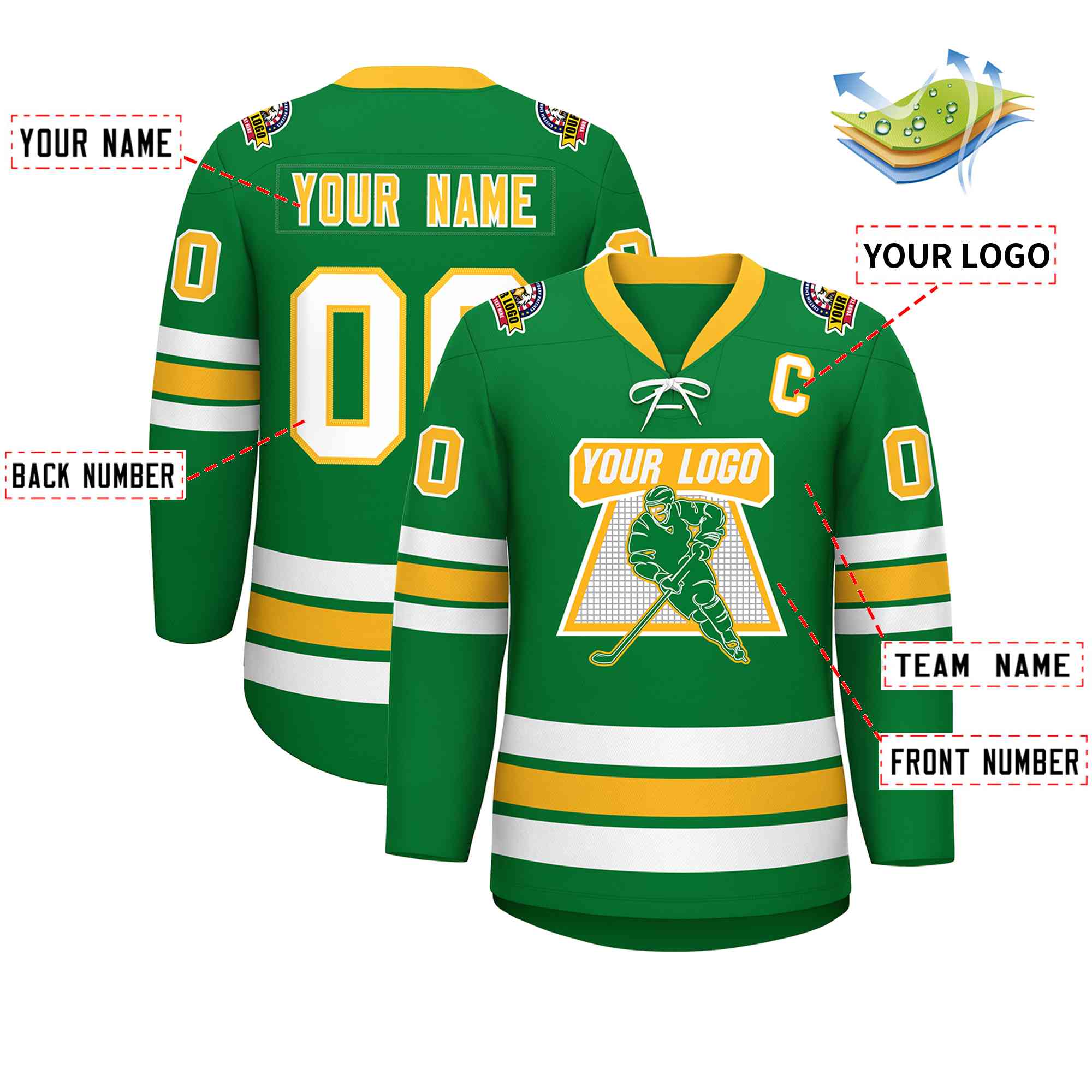 Custom Kelly Green Yellow-White Lace-Up Neck Hockey Jersey