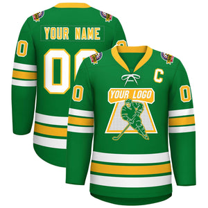 Custom Kelly Green Yellow-White Lace-Up Neck Hockey Jersey