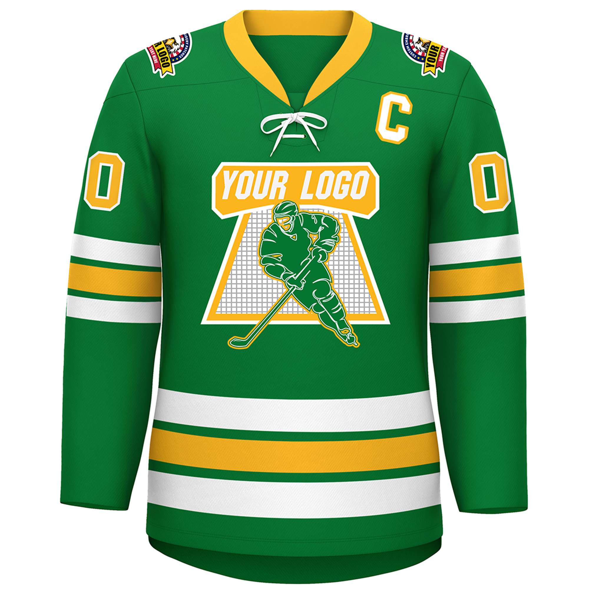 Custom Kelly Green Yellow-White Lace-Up Neck Hockey Jersey