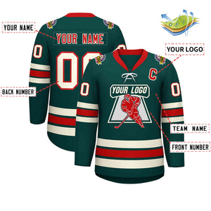 Custom Midnight Green Red-Cream Lace-Up Neck Hockey Jersey