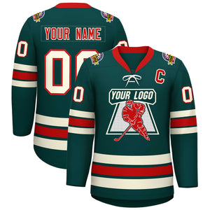 Custom Midnight Green Red-Cream Lace-Up Neck Hockey Jersey