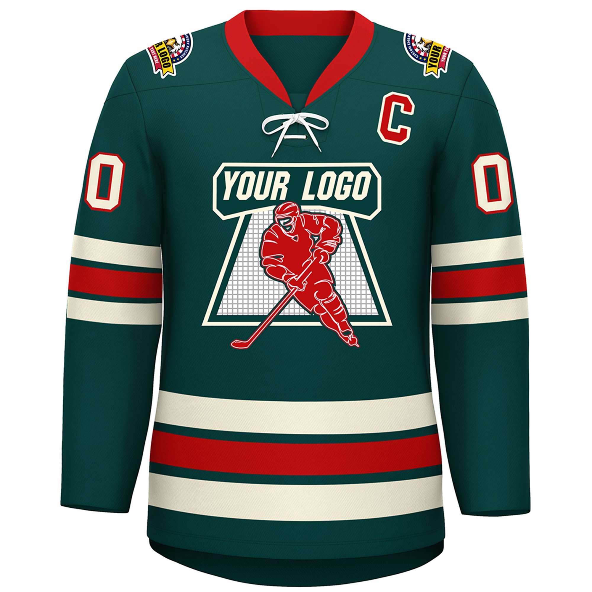 Custom Midnight Green Red-Cream Lace-Up Neck Hockey Jersey