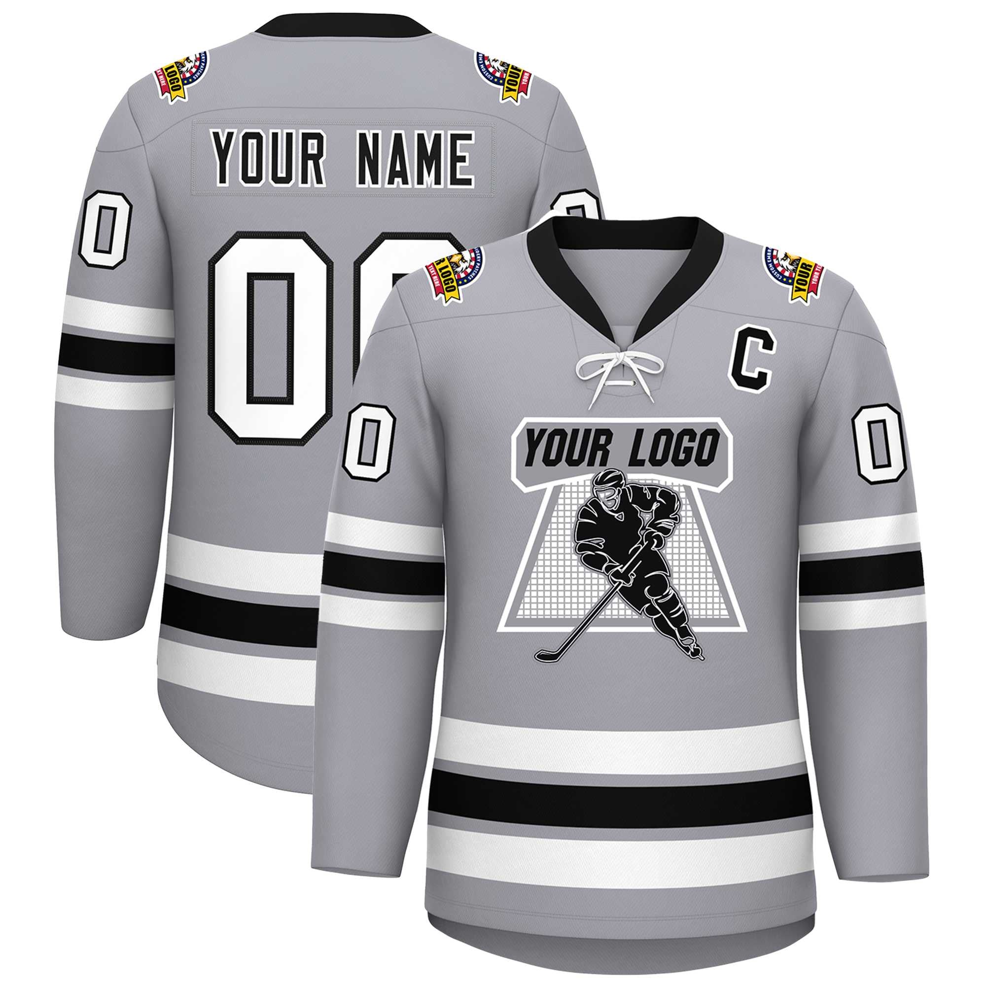 Custom Gray Black-White Lace-Up Neck Hockey Jersey