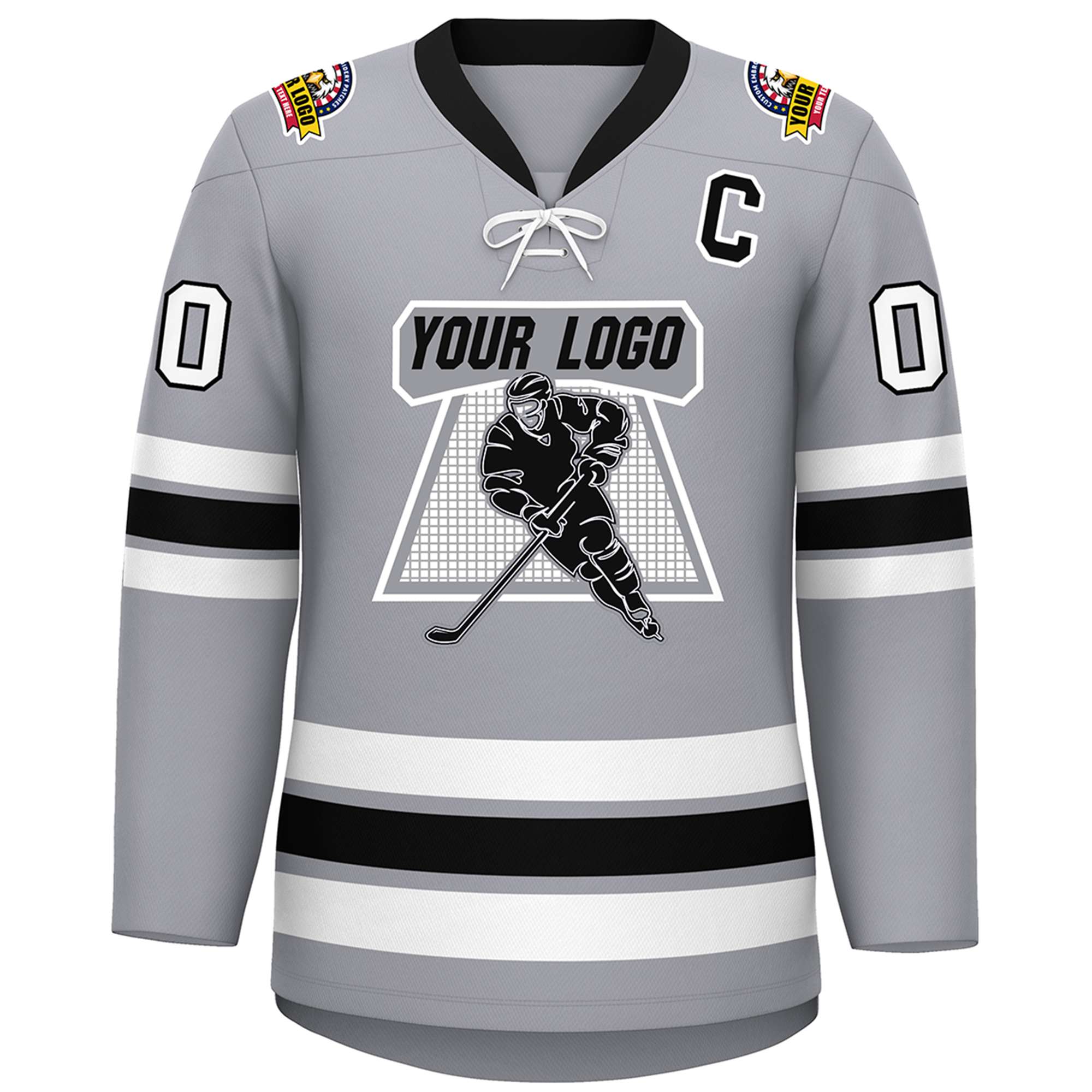 Custom Gray Black-White Lace-Up Neck Hockey Jersey