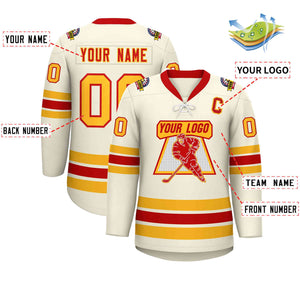 Custom Cream Red-Yellow Lace-Up Neck Hockey Jersey