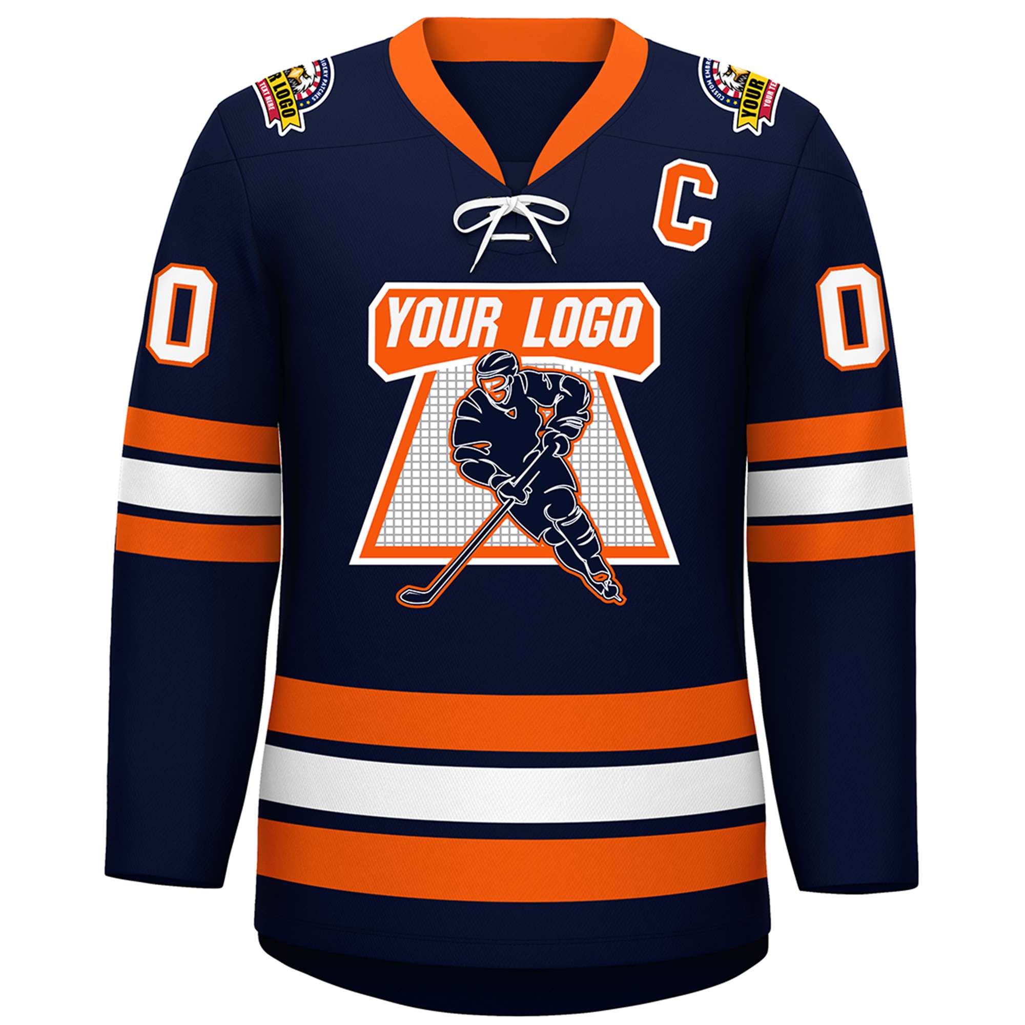 Custom Navy Orange-White Lace-Up Neck Hockey Jersey