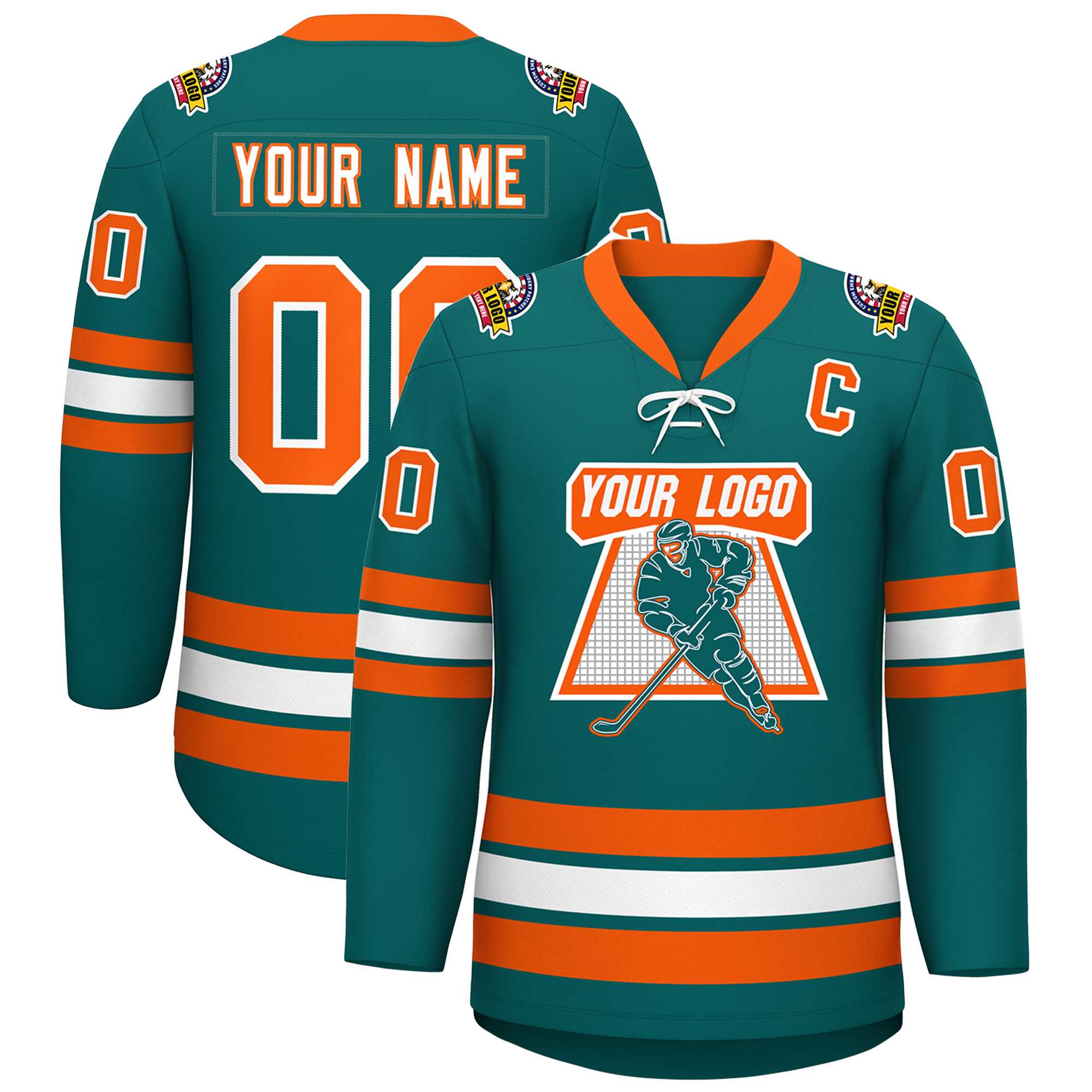 Custom Aqua White-Orange Lace-Up Neck Hockey Jersey