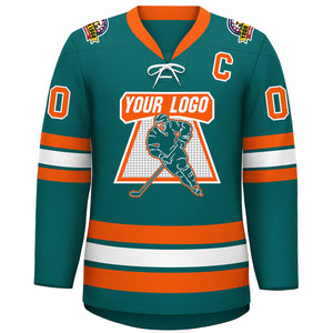 Custom Aqua White-Orange Lace-Up Neck Hockey Jersey