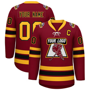 Custom Crimson Black-Yellow Lace-Up Neck Hockey Jersey